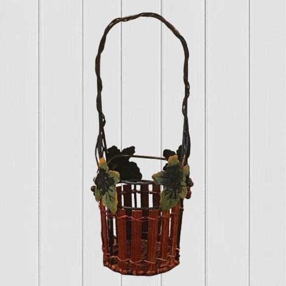 Rustic Metal Wine Bottle Caddy Basket Holder With Grape Leaf Motif - Picture 2 of 3